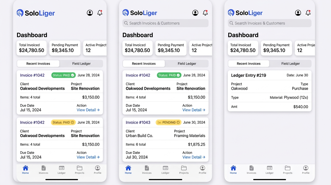 SoloLiger iOS Native Invoicing & Contractor Field Ledger UI